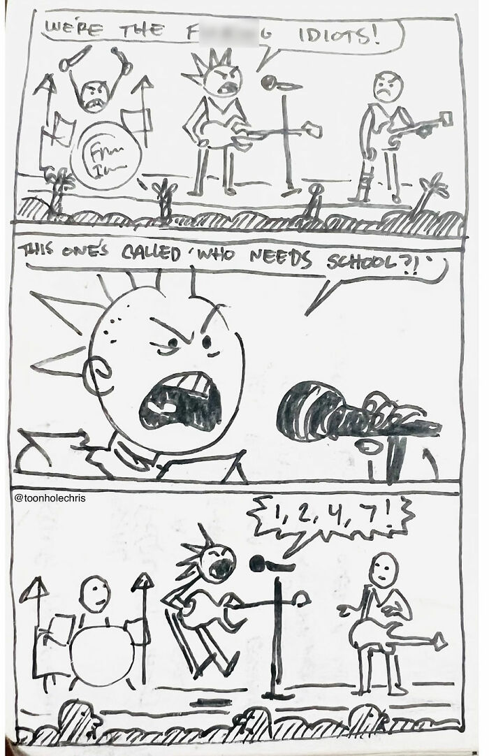 Punk band performing on stage in raw and hilarious sketchbook comic by Toonhole Chris.