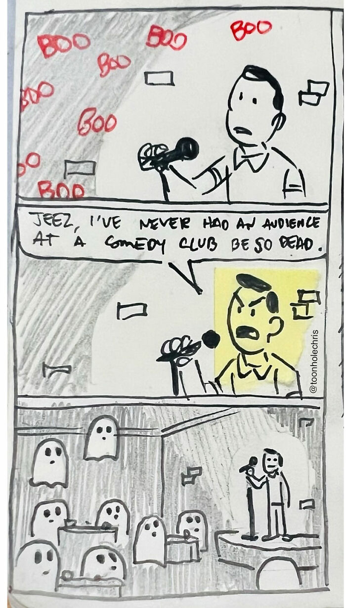 Comedian on stage facing ghost audience; a hilarious sketchbook comic by Toonhole Chris.