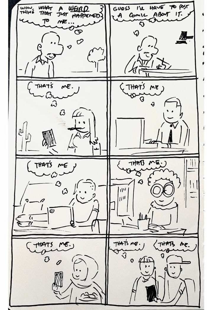 A raw and hilarious sketchbook comic by Toonhole Chris, showing multiple characters identifying with the comic post.