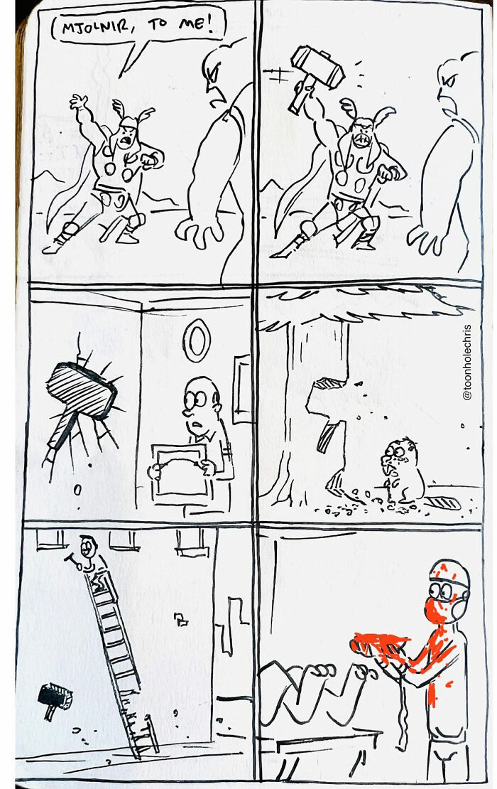 Hilarious sketchbook comic by Toonhole Chris featuring Thor's hammer causing unexpected chaos.