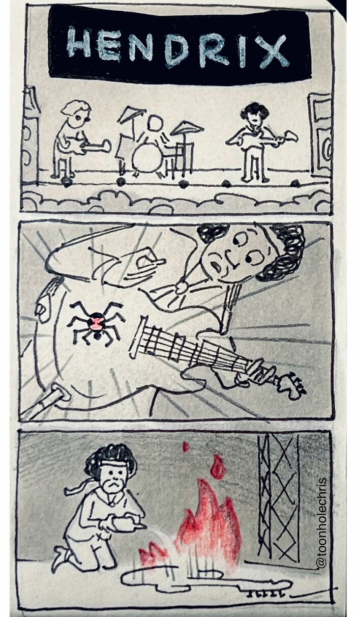 Funny sketchbook comic by Toonhole Chris featuring a guitarist startled by a spider, ending with setting the guitar on fire.