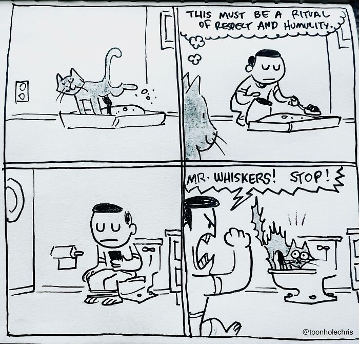 Hilarious sketchbook comic by Toonhole Chris showing a cat using a toilet, owner reacting in surprise.