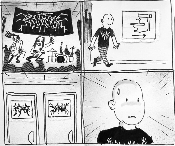 Bald man in a band shirt entering a concert venue, surprised by the logo on the stage. Sketchbook comic humor.