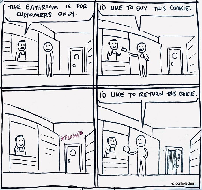 A funny sketchbook comic by Toonhole Chris showing a customer trying to use the bathroom without buying anything.