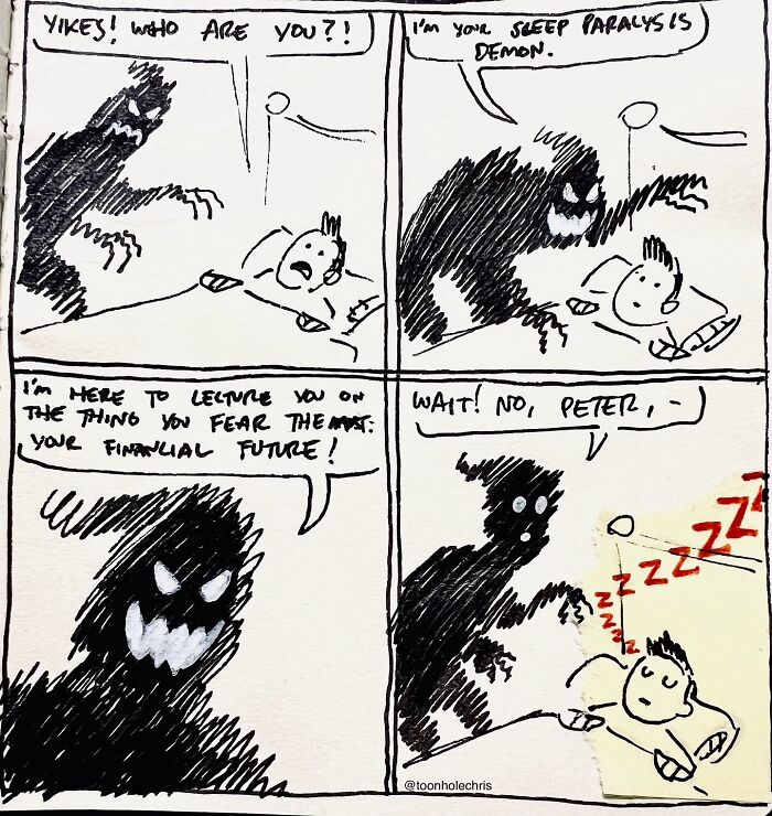 Sketchbook comic by Toonhole Chris: a person fears their sleep paralysis demon, who lectures them about financial future.