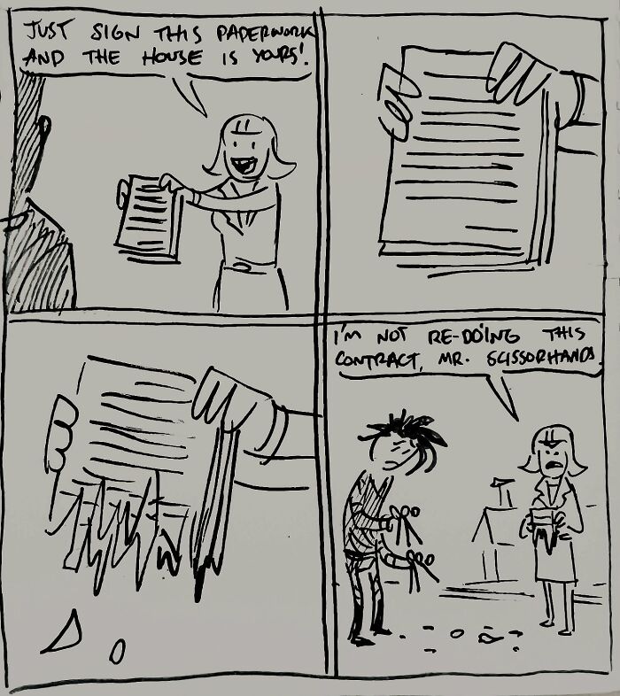 Sketchbook comic by Toonhole Chris featuring a humorous contract mishap with Mr. Scissorhands.