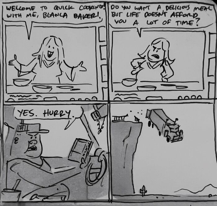 Hilarious sketchbook comic by Toonhole Chris showing a quick cooking show and a driver rushing dangerously.