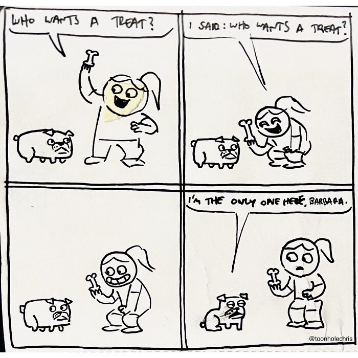 A funny sketchbook comic by Toonhole Chris depicting a girl offering treats to her uninterested dog.