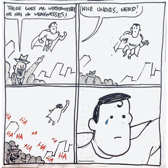 Comic by Toonhole Chris shows a superhero embarrassed by a remark about his underwear.