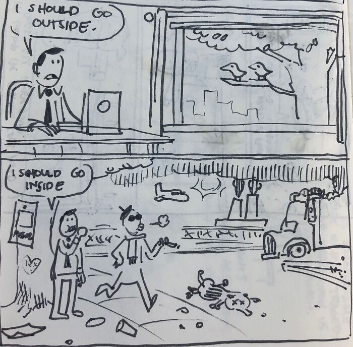 Comic sketch by Toonhole Chris showing a man indoors wanting to go outside, and a man outdoors wanting to go inside.