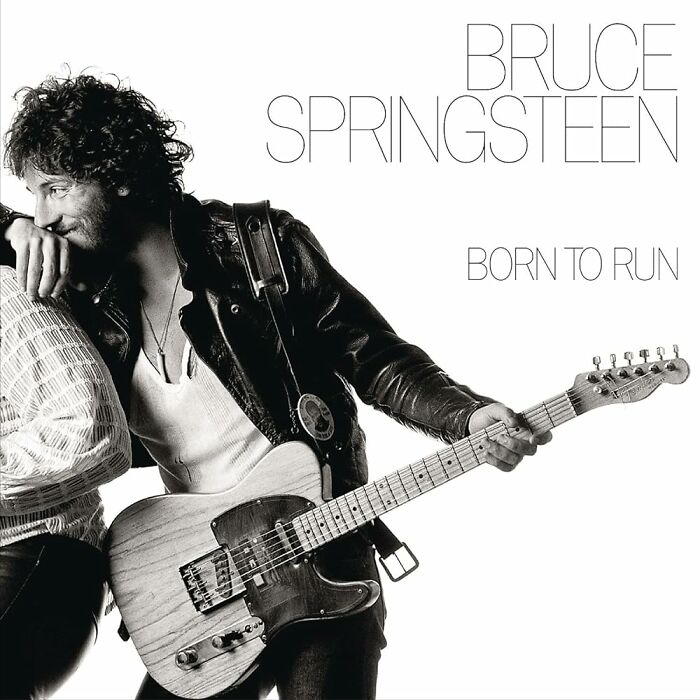 '70s songs, iconic album cover featuring a musician with a guitar, wearing a leather jacket, titled "Born to Run."