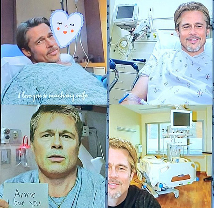 Images of a person resembling Brad Pitt in a hospital setting with text overlays.