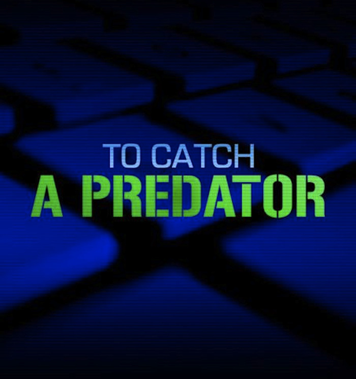 Text 'To Catch a Predator' over a dark blue, blurred keyboard background.