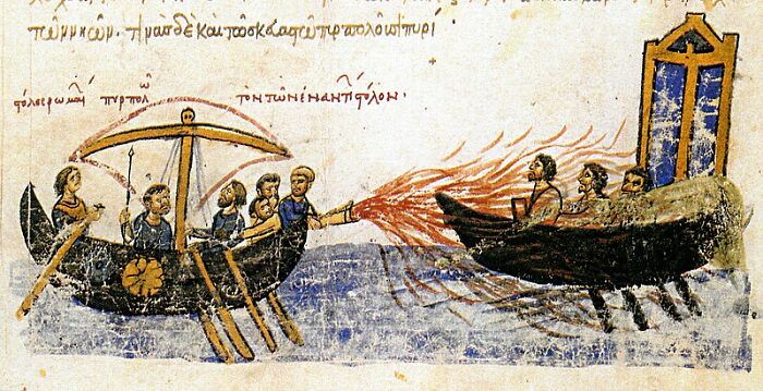 Medieval illustration of Greek fire, an invention ahead of its time, used in naval warfare.