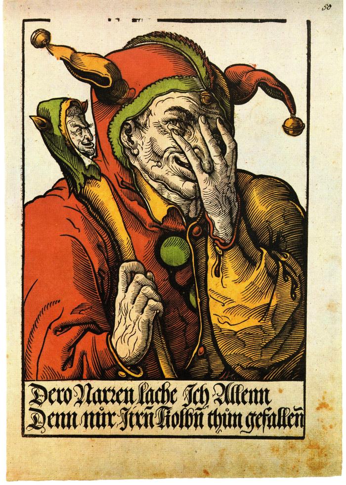 Illustration of a historical jester, hand covering face, wearing colorful attire, featuring text in German script.