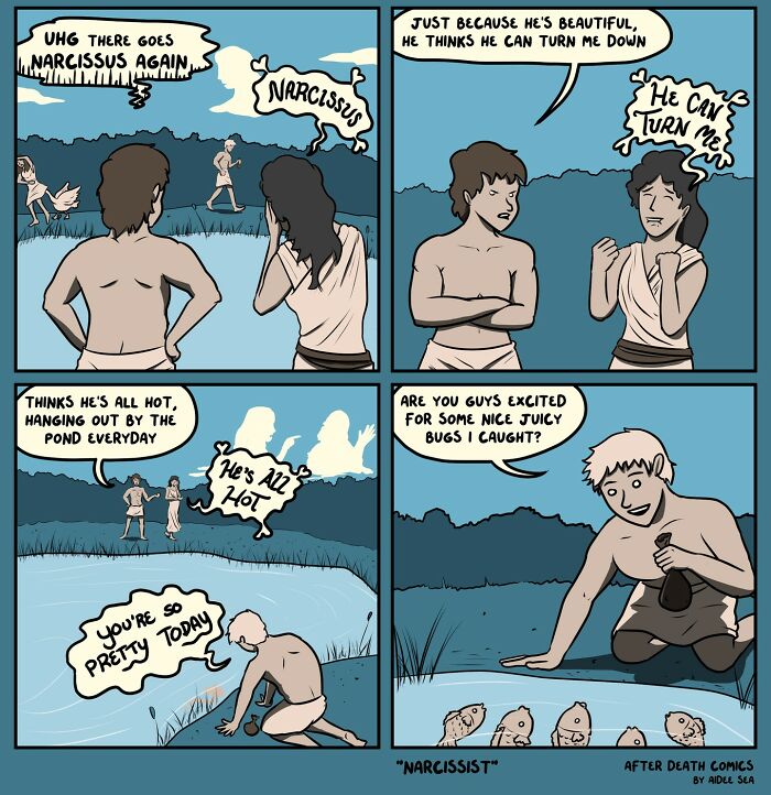 Artist's weird comic featuring Narcissus, a humorous take on myth with quirky dialogue and amusing scenes by a pond.