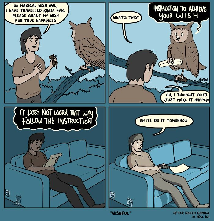 Artist's weird comic features a wish-granting owl giving instructions, humorously ignored by a man relaxing on a couch.