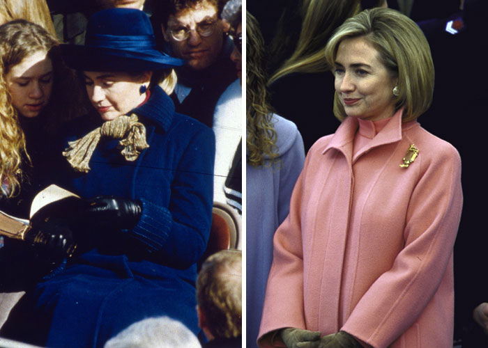 First Ladies' inauguration outfits compared, featuring coats from two different inauguration events.