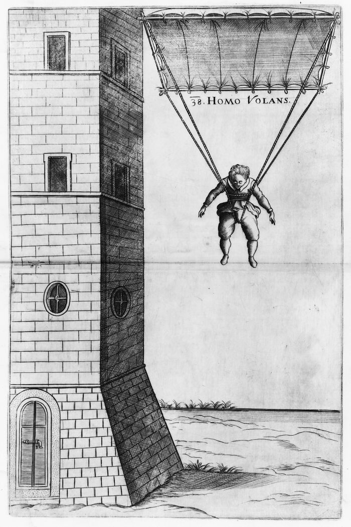 Ancient flying machine illustration featuring a man descending with a parachute-like device beside a tall building.