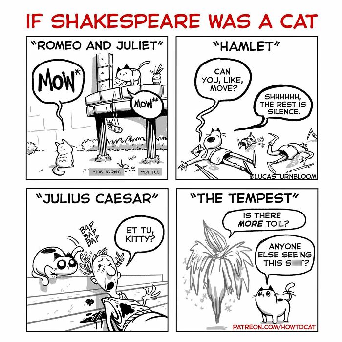 Shakespeare-inspired cat comics featuring humorous scenes from "Romeo and Juliet," "Hamlet," "Julius Caesar," and "The Tempest."