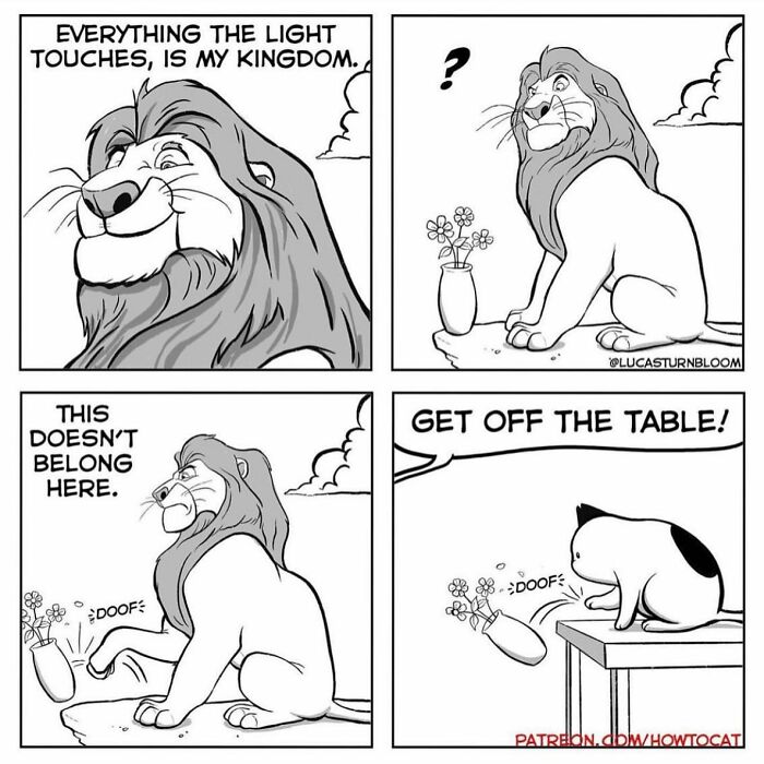 Cat comic depicting a lion, with a cat knocking a vase off the table. Humorous take on feline behavior.