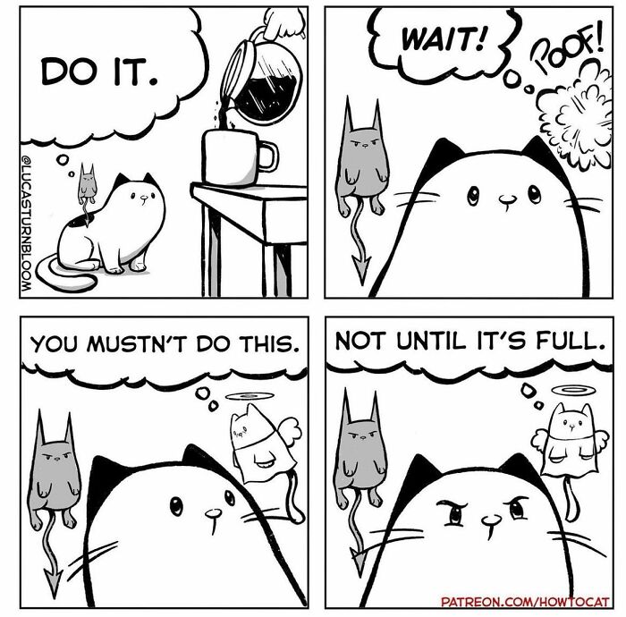 Cat comic by artist shows a cat with an angel and devil debating pouring coffee into a cup, showcasing relatable feline antics.