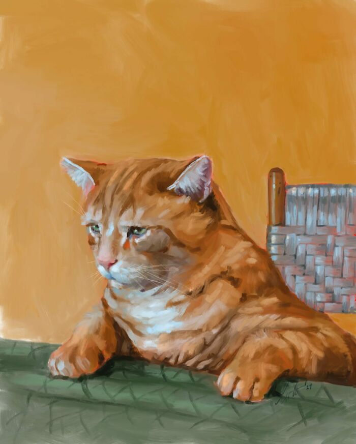 Digital painting of an orange cat resting its paws on a table against a warm, golden background.