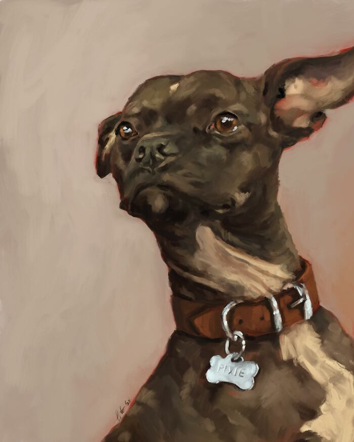 Digital painting of a dog with a brown collar and name tag against a soft background.