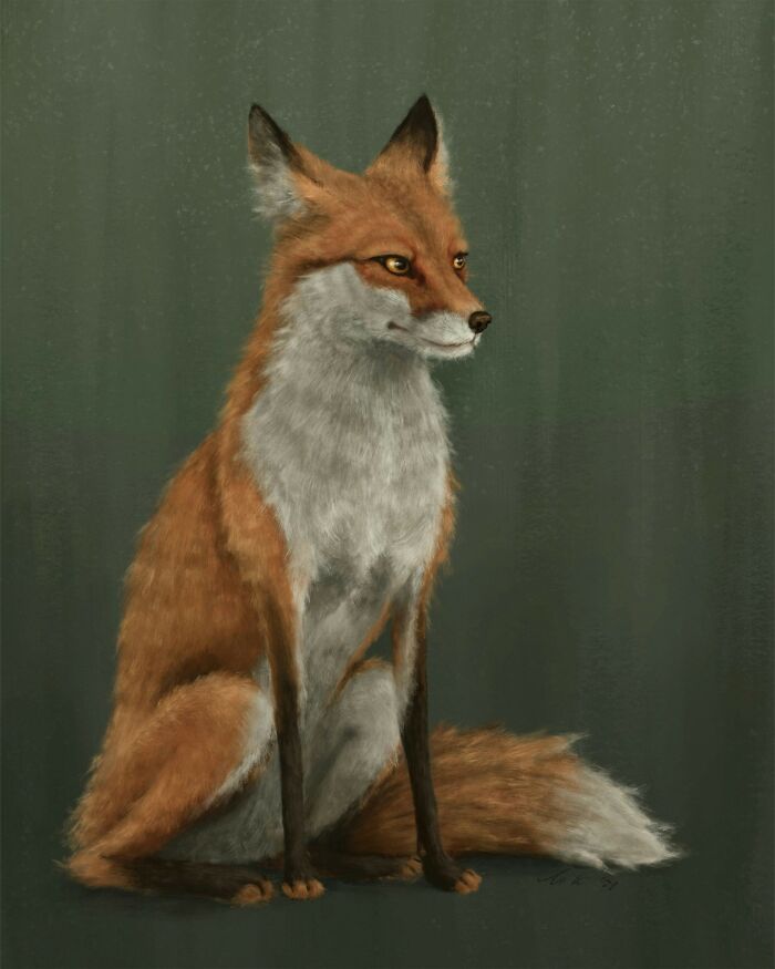 Digital painting of a sitting fox with detailed fur, showcasing artistic depiction of animals.