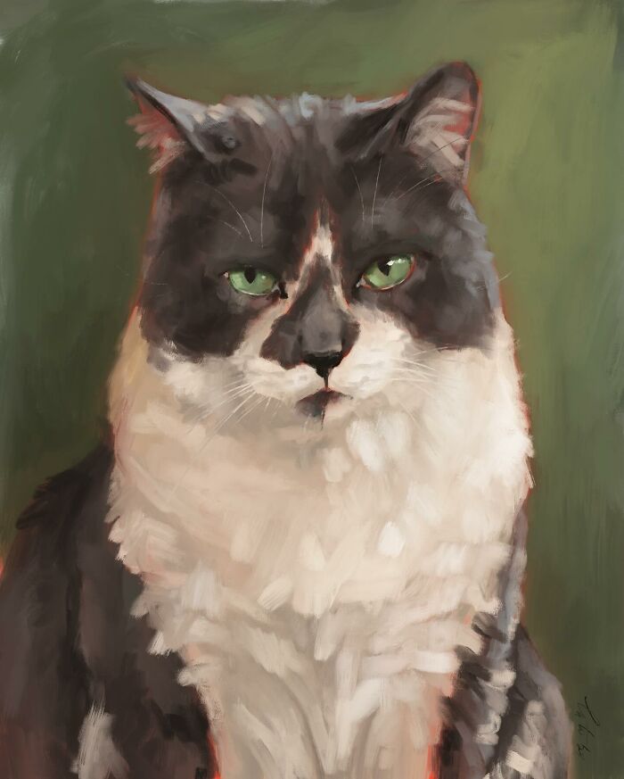 Digital painting of a cat with white and gray fur, sitting against a green background.