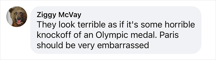 Comment criticizing the appearance of Paris Olympic medals, suggesting they look like poor knockoffs.