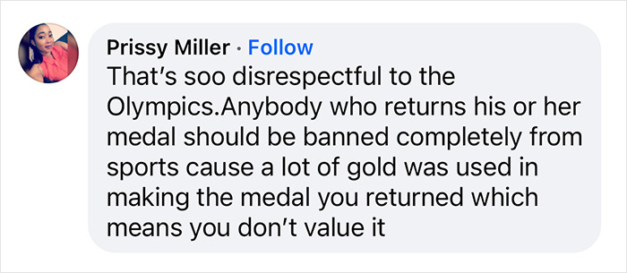 Social media comment criticizing Olympic athletes returning medals after Paris Games.