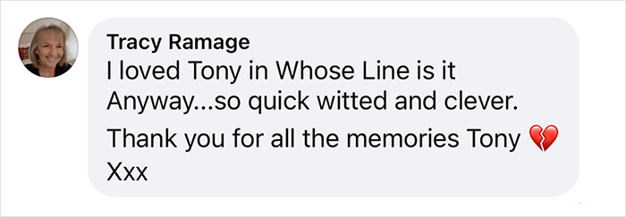 Tribute to 'Whose Line' star Tony Slattery, expressing admiration and gratitude for his humor and memorable performances.