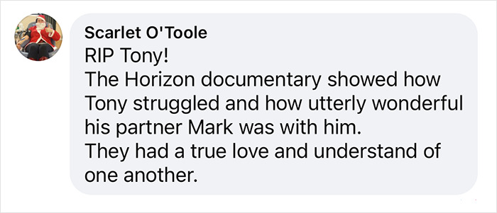 Comment from a fan mourning 'Whose Line Is It Anyway?' star Tony Slattery, highlighting his struggles and partner's support.