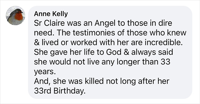 Comment about Sr Claire's impact and her angelic nature, highlighting her devotion and untimely death at 33.