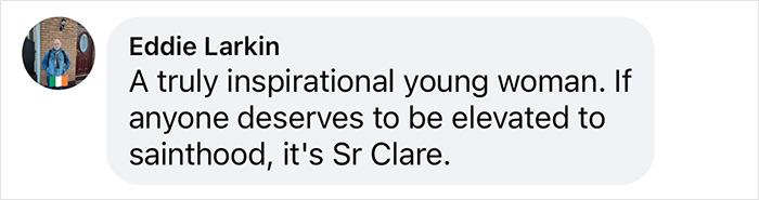 Text comment praising a "Wild Child" actress turned nun for potential sainthood, mentioning Sr Clare.