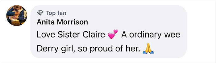 Comment by Anita Morrison praising Sister Claire, with heart and prayer emoji.