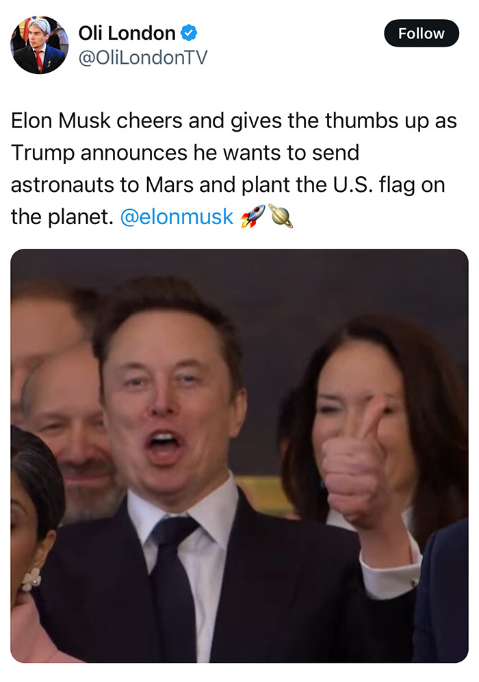 Elon Musk giving thumbs up at presidential inauguration, Mars mention becomes meme moment.