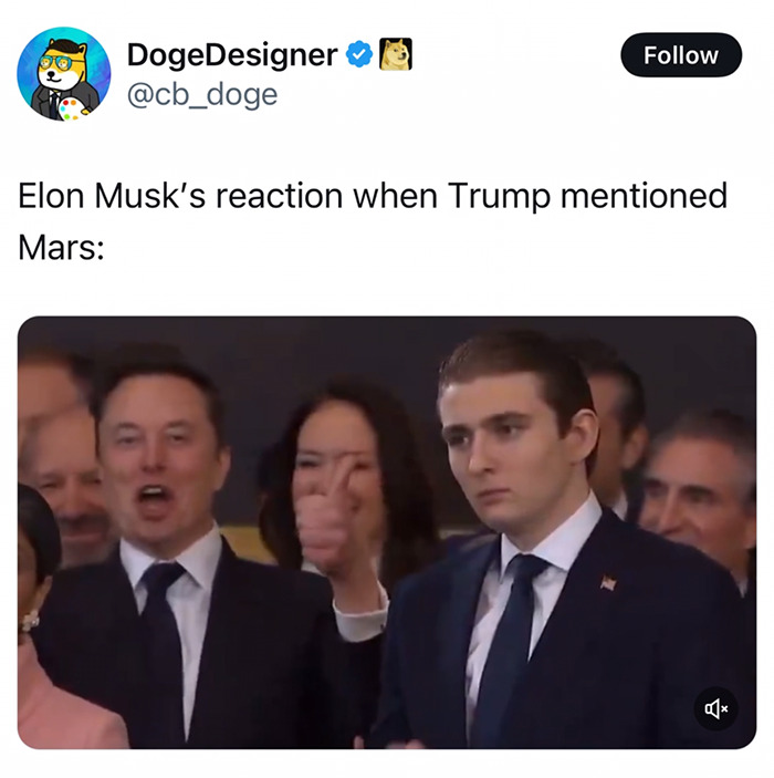 Elon Musk at a presidential event reacting humorously during a Mars mention, surrounded by attendees.