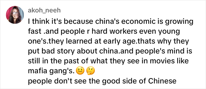 Social media comment discussing stereotypes about China from a Chinese-Canadian perspective.