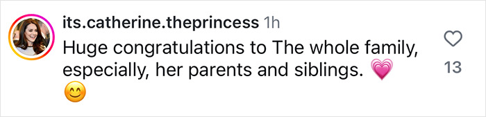 Comment congratulating Princess Beatrice's family on the birth of her daughter, with heart emoji.