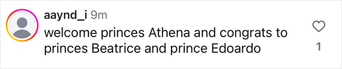 Comment congratulating Princess Beatrice on her baby daughter, mentioning welcoming Princess Athena.