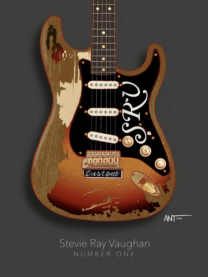 Illustration of a vintage electric guitar with custom SRV design, related to the theme of a "Guitartist."