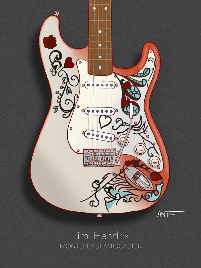 Illustrated guitar with floral and heart designs on the body, inspired by iconic guitarists.