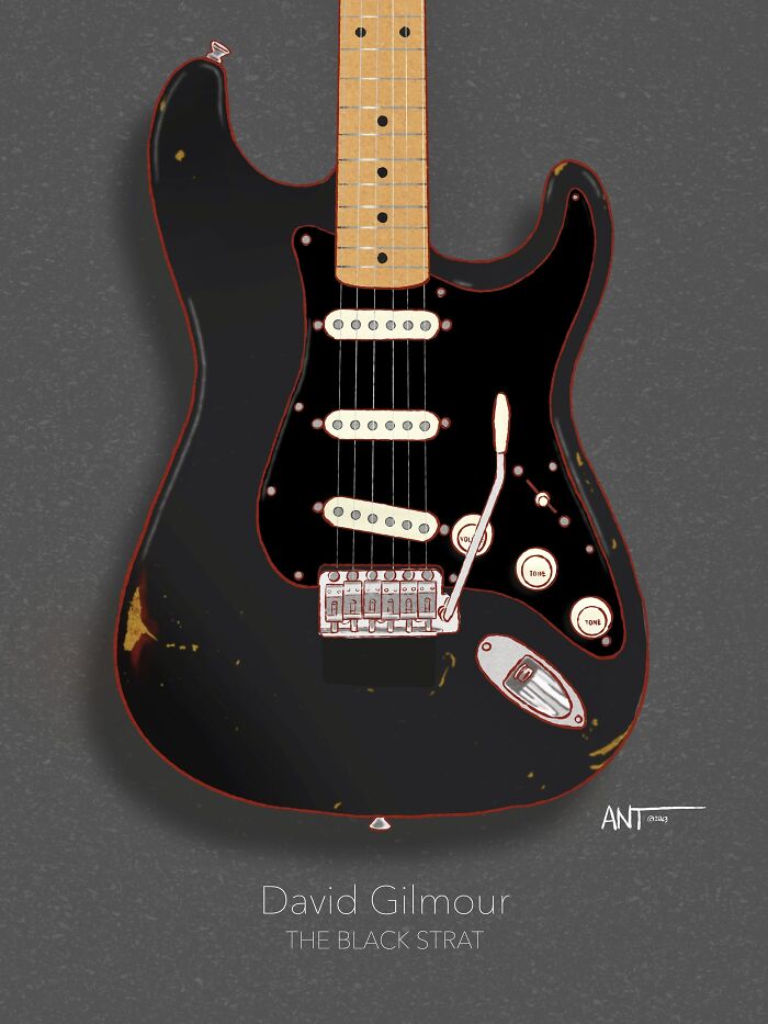 Illustration of a black electric guitar with a wooden neck, showcasing intricate details in a stylized artwork.