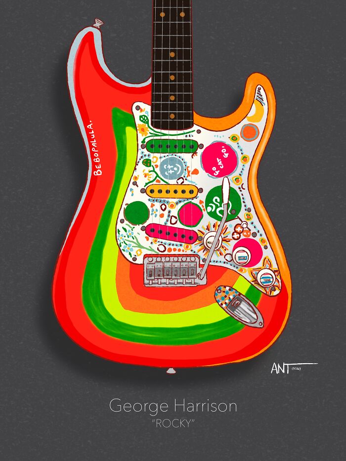 Colorful guitar illustration with psychedelic patterns, showcasing vibrant artistry inspired by iconic guitar designs.