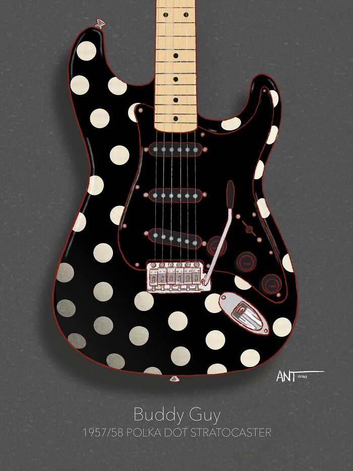 Illustrated guitar with a black body and white polka dots, inspired by Buddy Guy's 1957 Stratocaster.