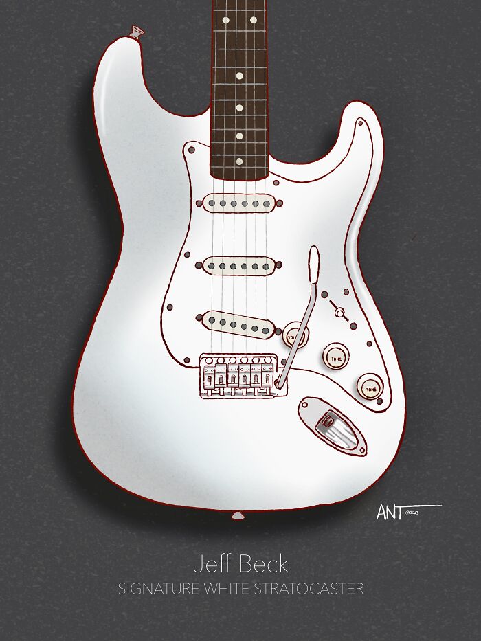 Illustration of a white Stratocaster guitar with detailed features against a dark background, highlighting guitar art.