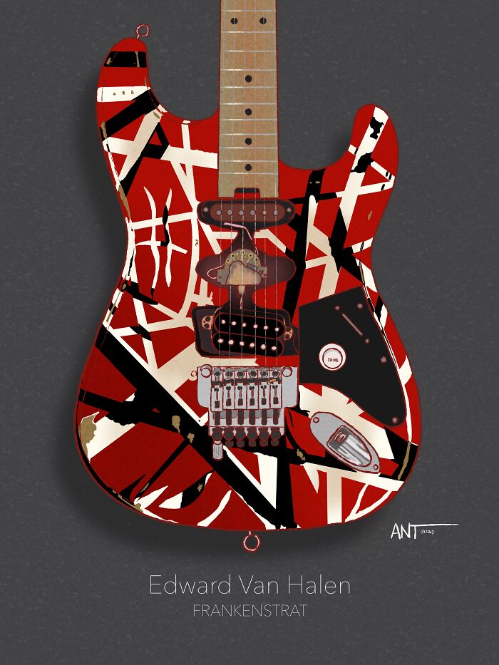 Illustration of a red and white striped guitar, inspired by Eddie Van Halen's Frankenstrat design.