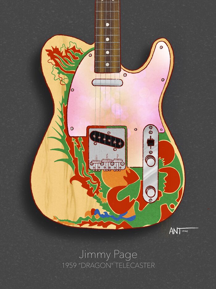 Illustration of a colorful Telecaster guitar with dragon design, highlighting unique guitartist artwork.